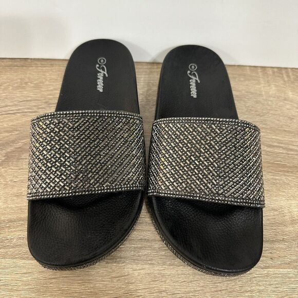 Forever Womens Slides Black Rhinestone Sandals Size 8 Slip On‎ Comfort Gemstones - Picture 3 of 7